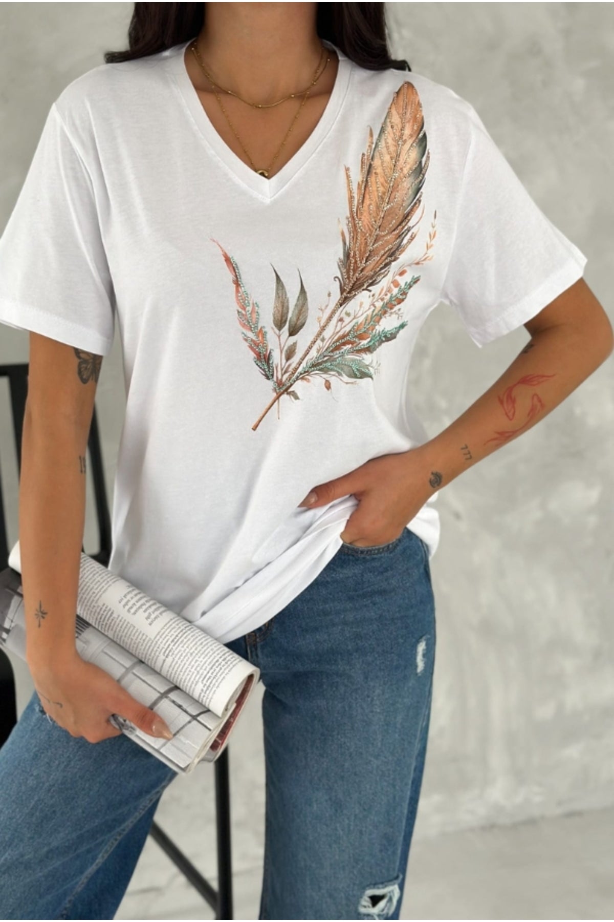 Olivia Women's Plus Size Embellished V-Neck T-Shirt - White with Leaf Shoulder Sequins