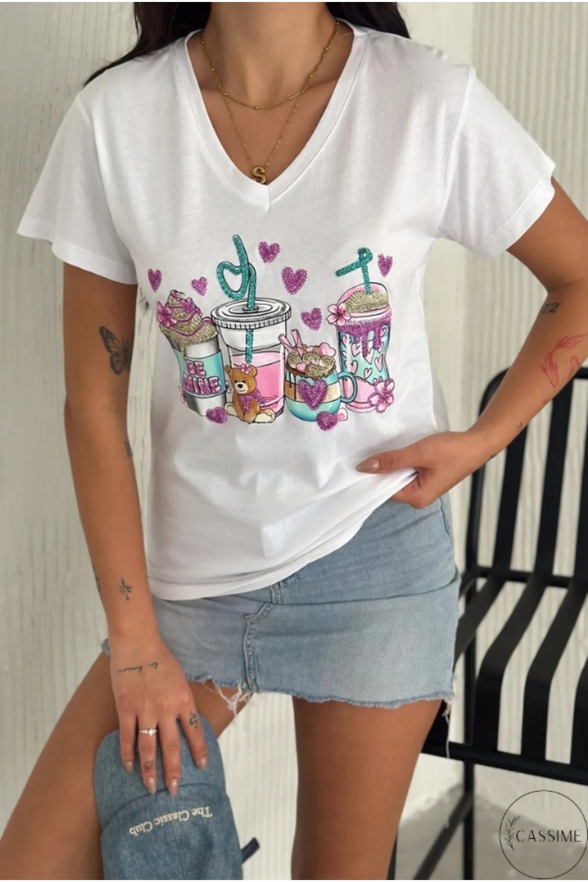 Olivia Women's Cotton Plus Size Embellished V-Neck T-Shirt - White Teddy Bear and Heart Print