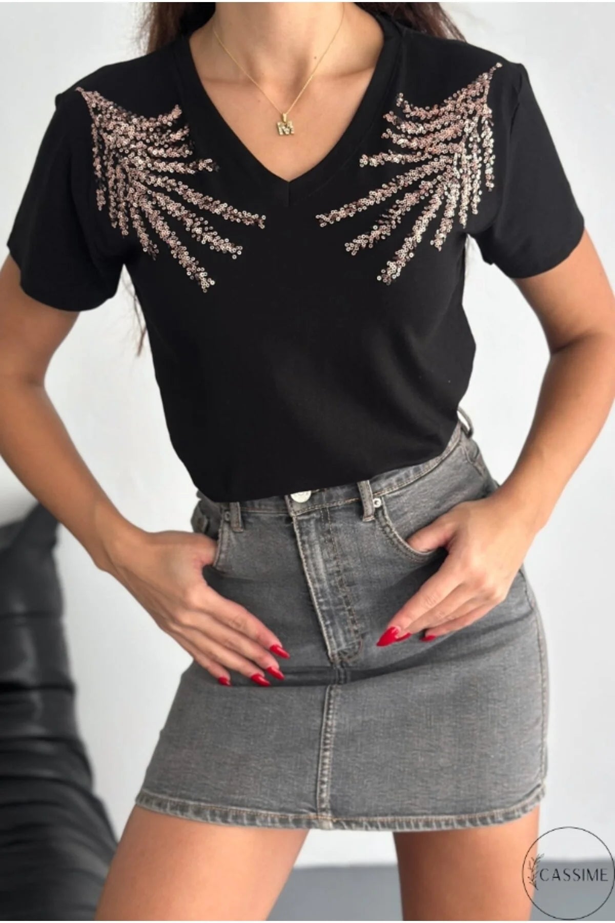 Tilda Black Shoulder Detail Leaf Design Cotton T-Shirt