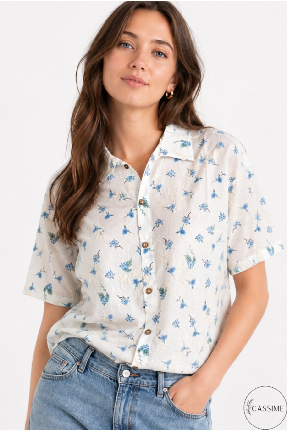 Women's Blue Mini Floral Cotton Short Sleeve Shirt - product photo 1