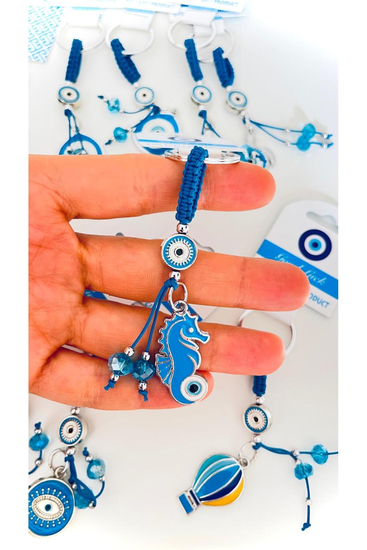 Abigail Silver-Plated Evil Eye Keychain - Blue Seahorse Design