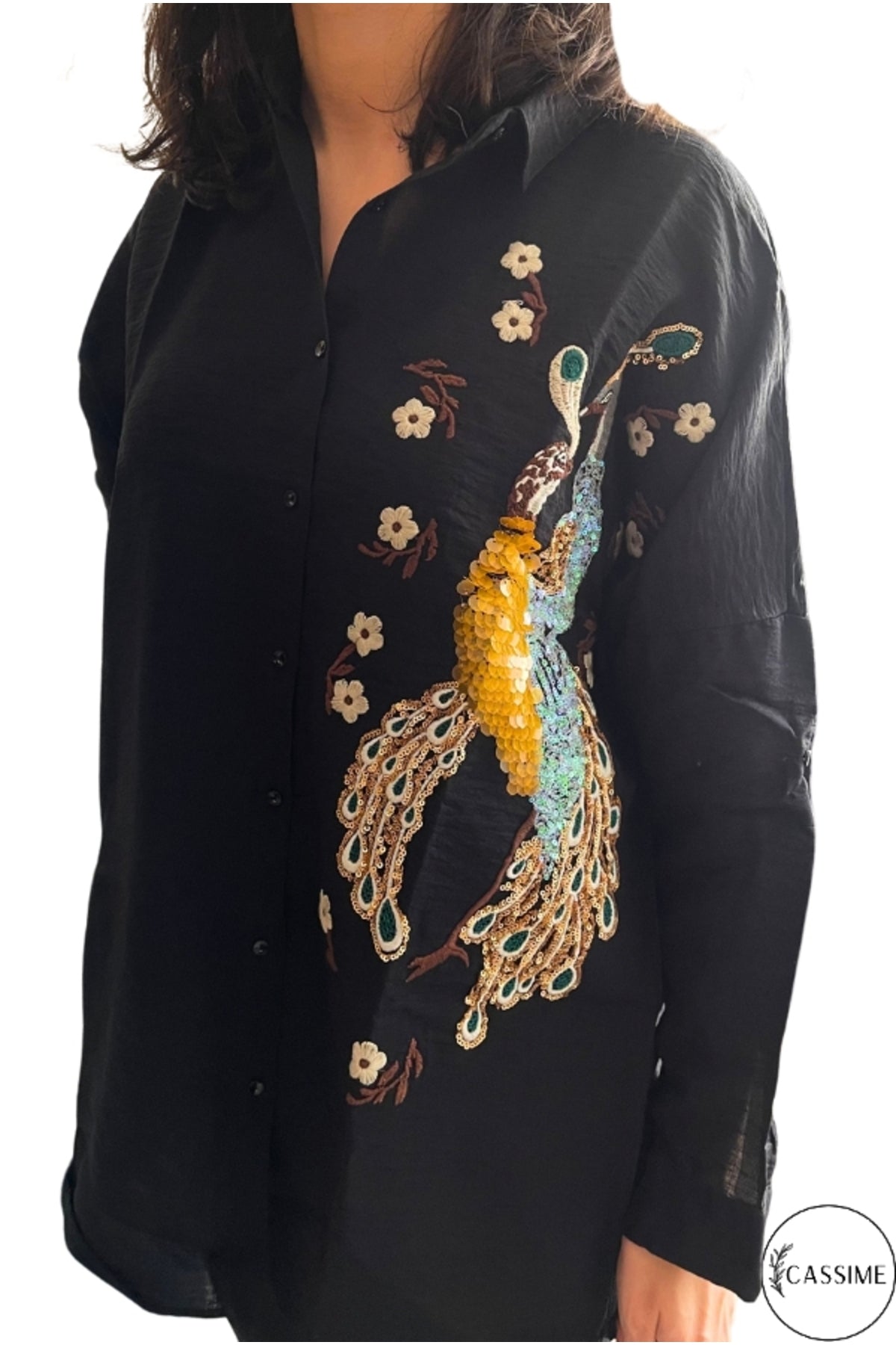 Emily Women's Peacock Sequin Oversized Shirt - Black Peacock