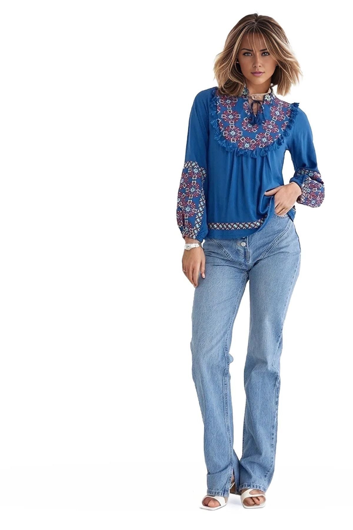 Arabella Women's Boho Embroidered Blouse - Blue