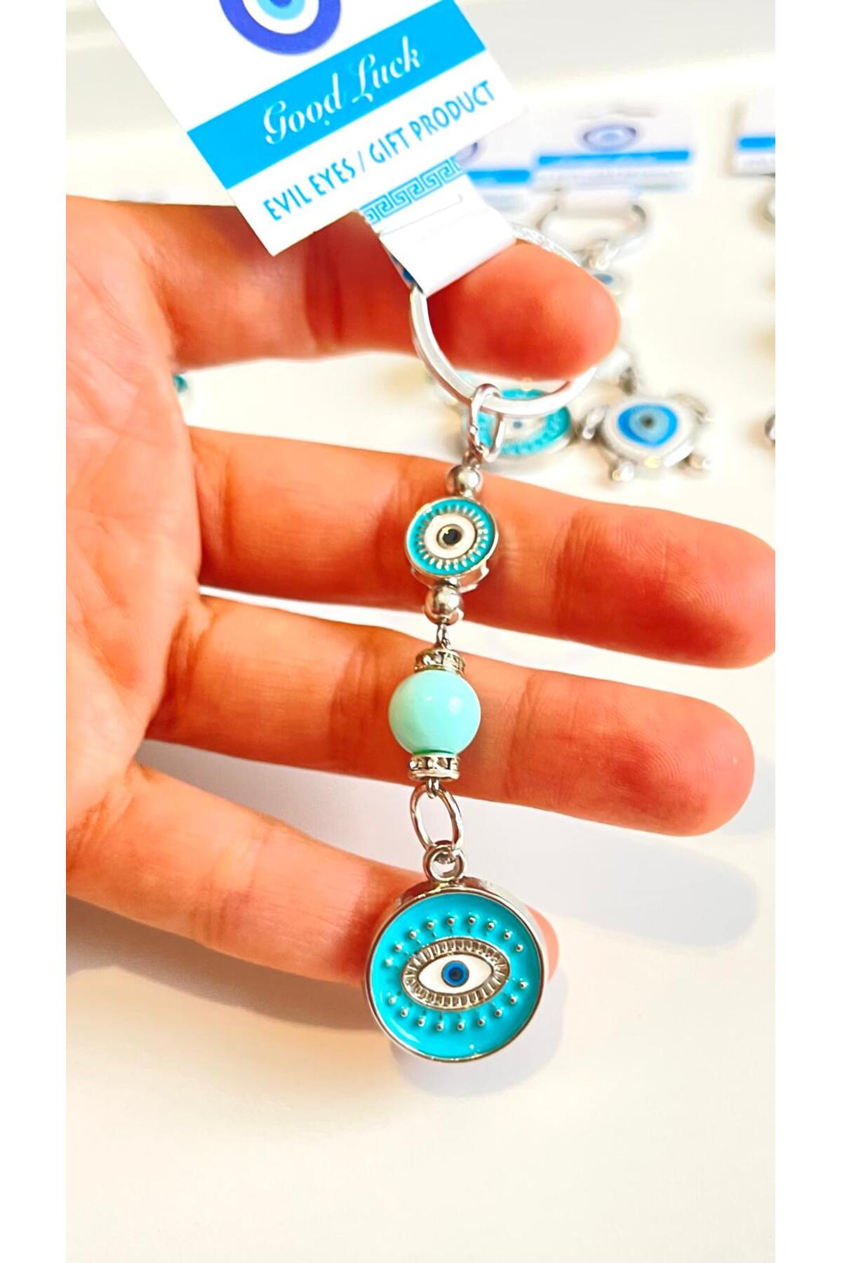 Abigail Silver-Plated Evil Eye Keychain - Round Turquoise Evil Eye Metal