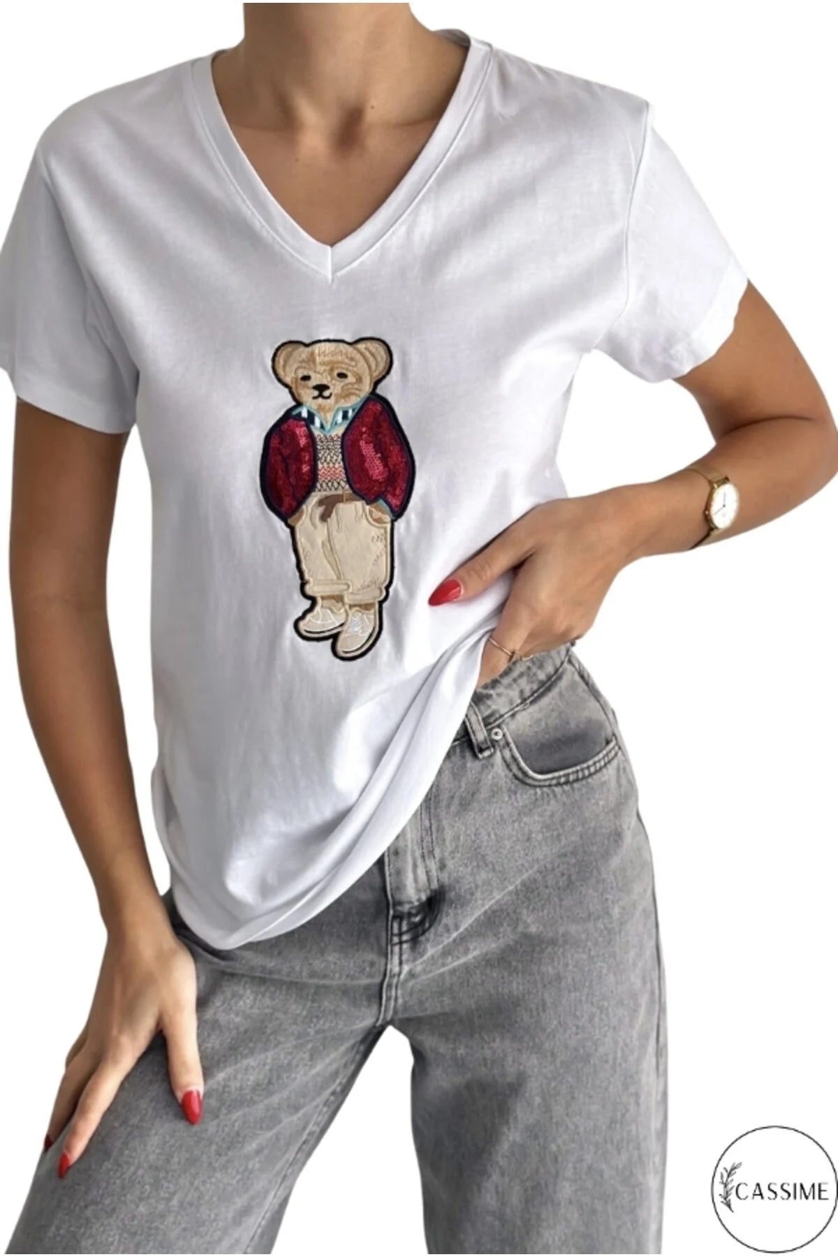 Tilda White Cute Bear Design Cotton T-Shirt
