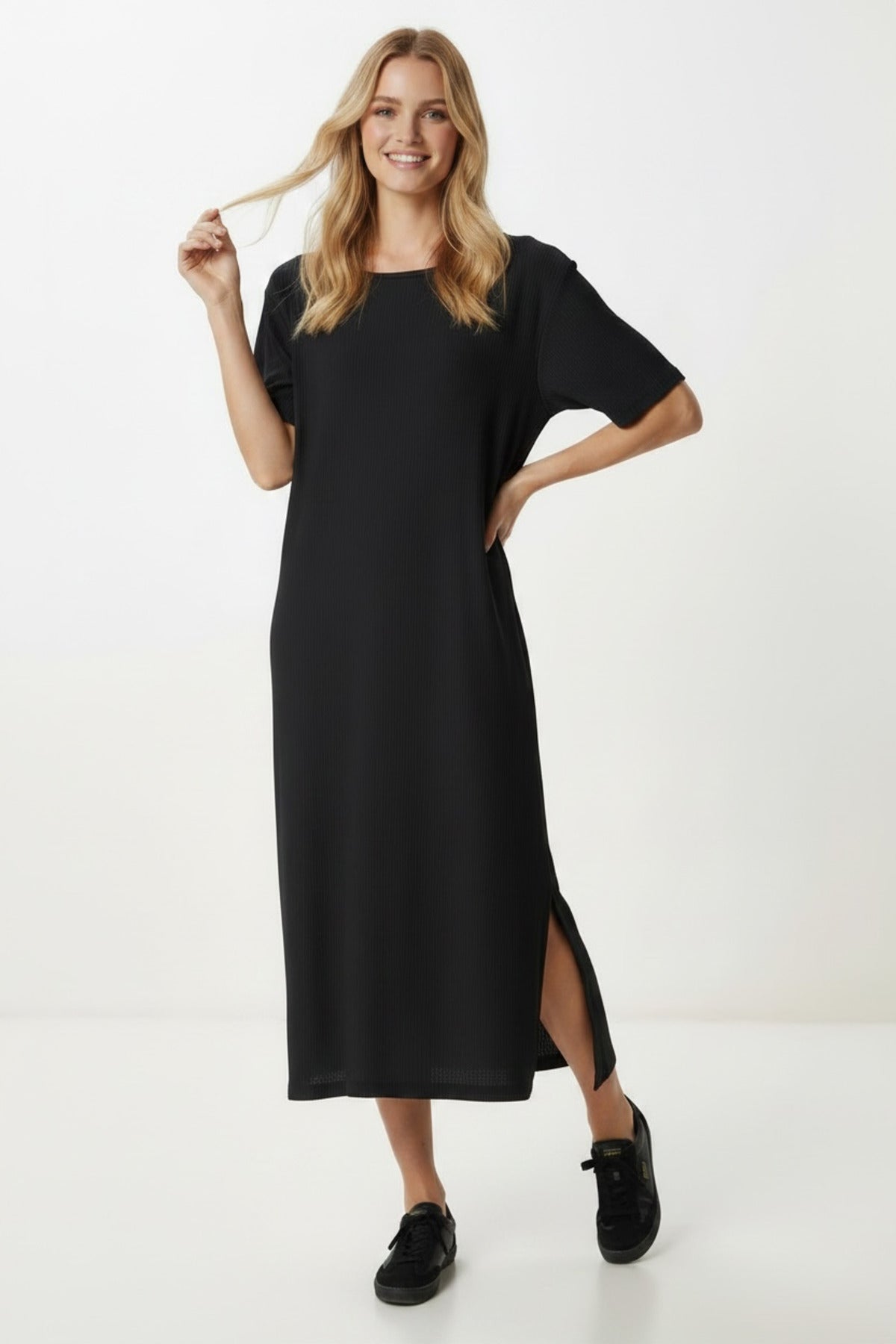 Lucille Women's Half Sleeve Knit Maxi Dress with Slit - Black