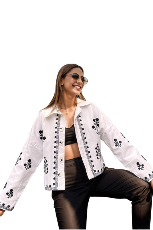 Louise Women's Embroidered Button-Up Jacket - White with Black Embroidery