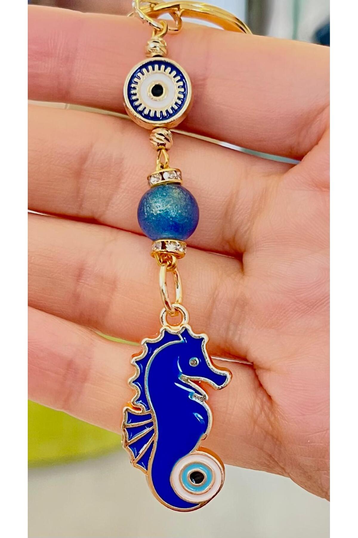 Hannah Gold-Plated Bodrum Bead Keychain - Navy Seahorse