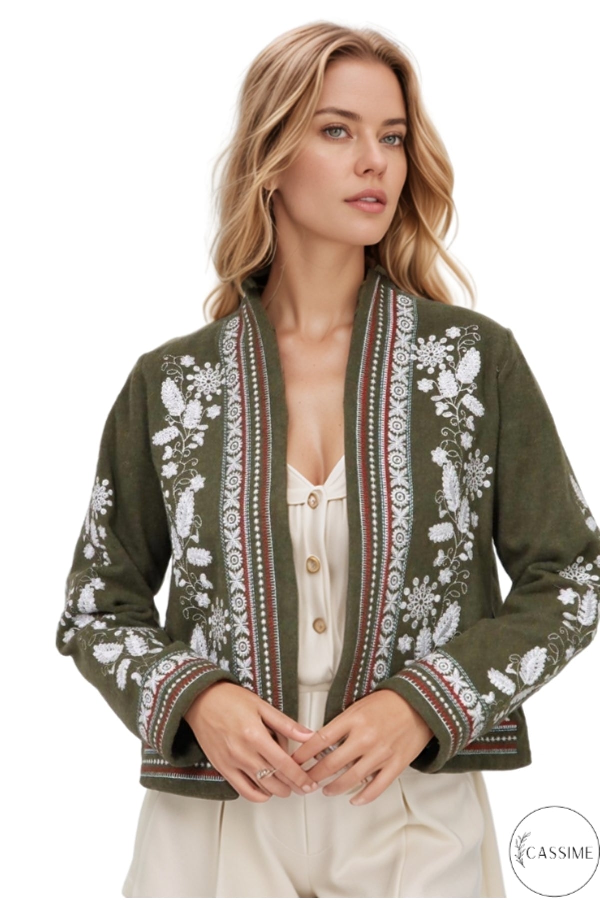 Caitlin Women's Floral Embroidered Boho Jacket - Khaki