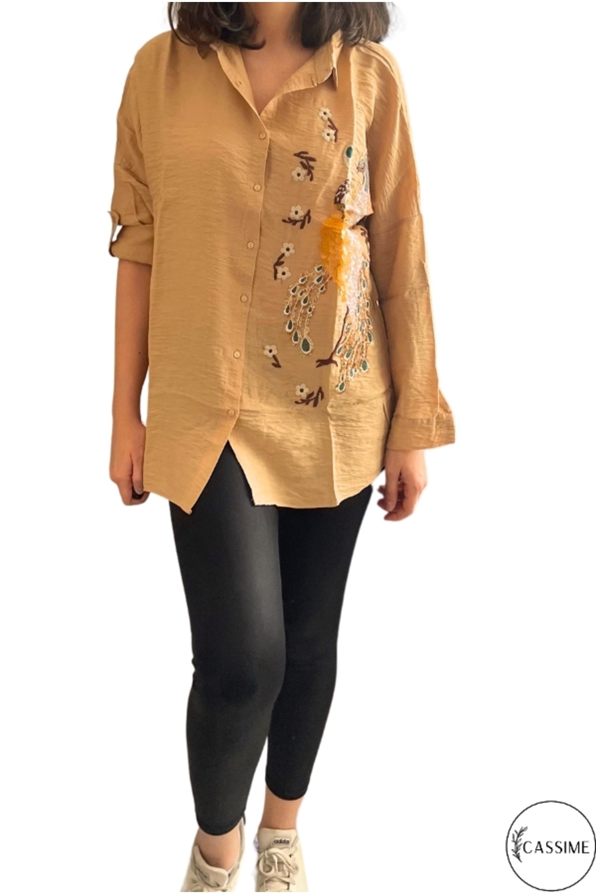 Emily Women's Peacock Sequin Oversized Shirt - Beige Peacock