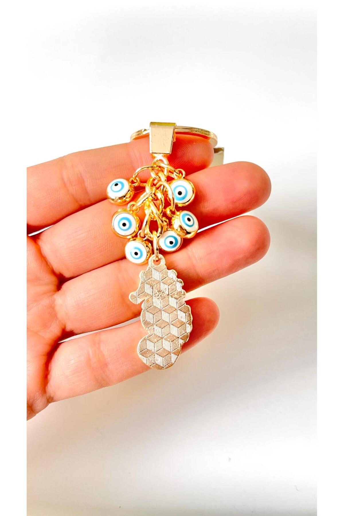 Madeleine Dangling Evil Eye Keychain - White Seahorse