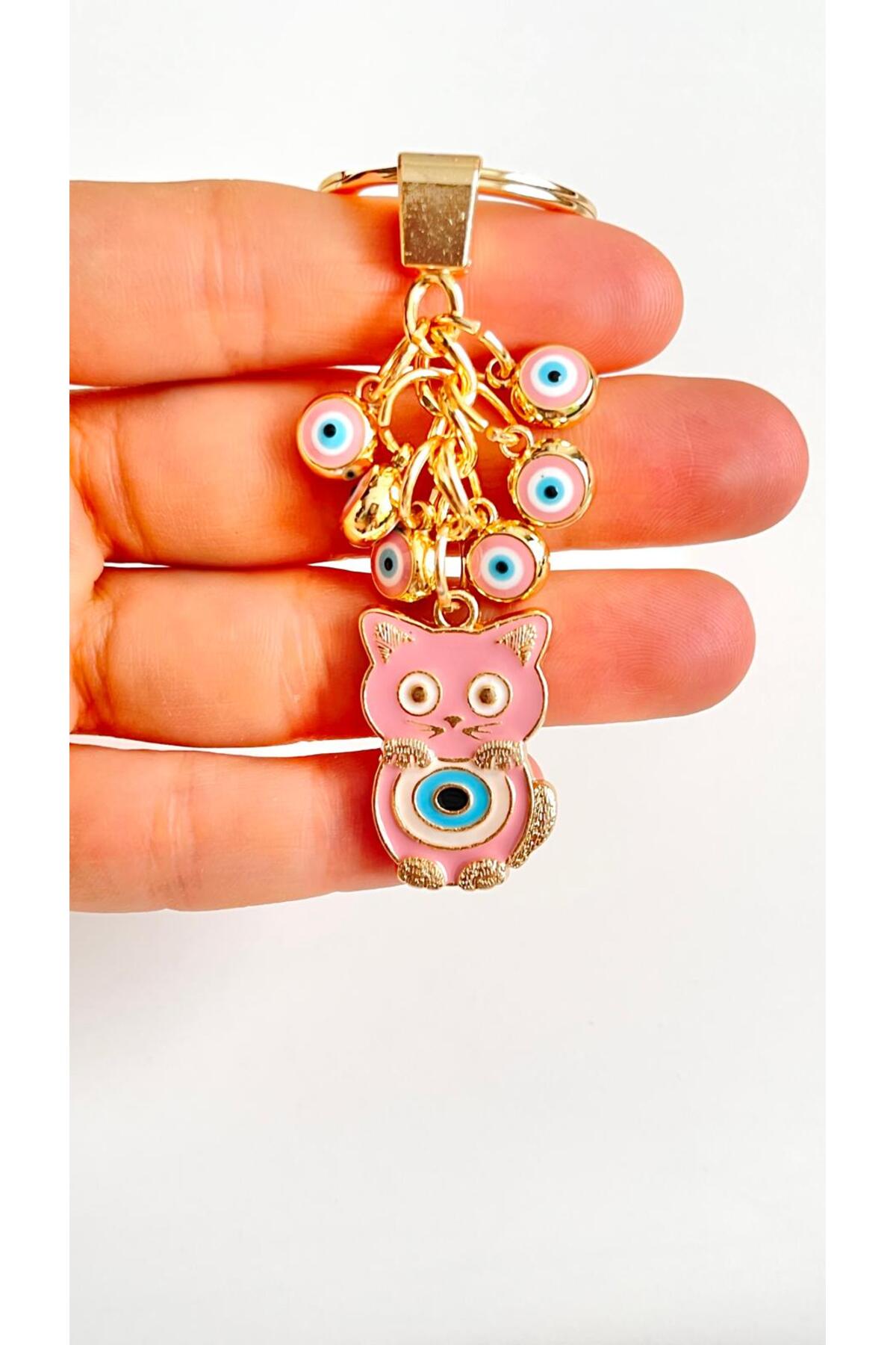 Madeleine Dangling Evil Eye Keychain - Pink Cat Evil Eye