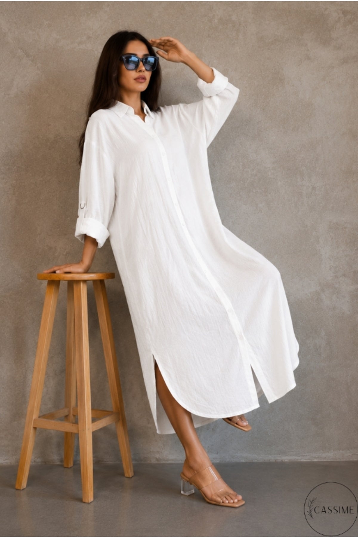 Hazel Women's Oversized Muslin Shirt Dress - White Muslin