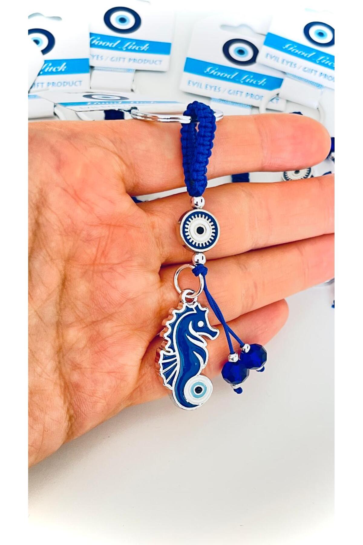 Abigail Silver-Plated Evil Eye Keychain - Navy Seahorse