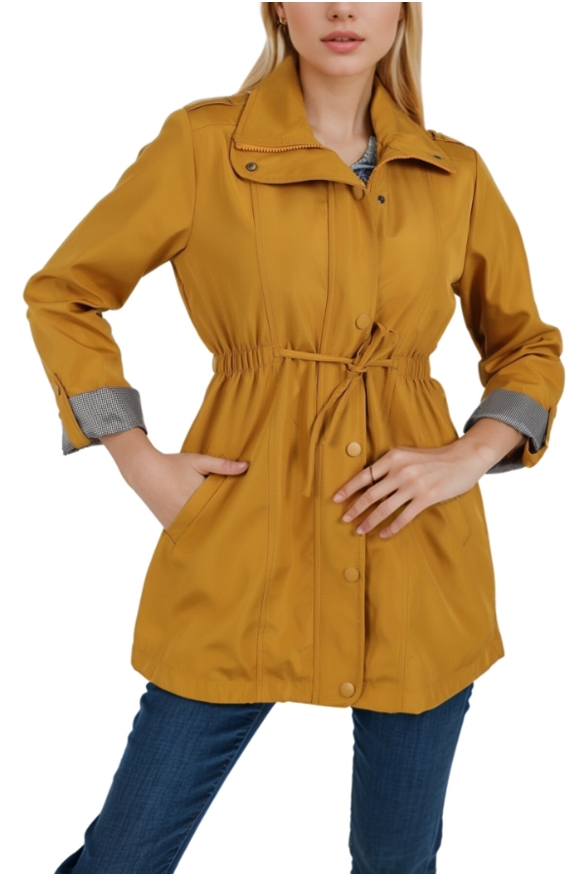 Serena Women's Drawstring Waist Trench Coat - Mustard