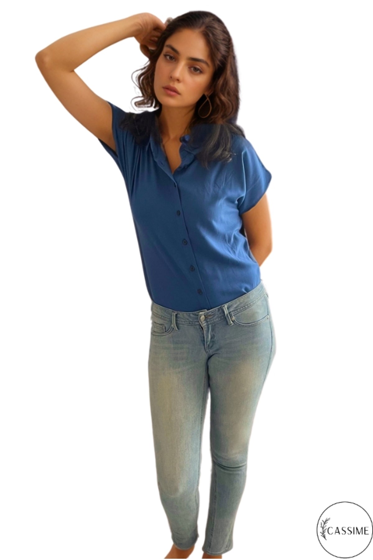 Esme Women's Viscose Short Sleeve Batwing Shirt - Light Navy