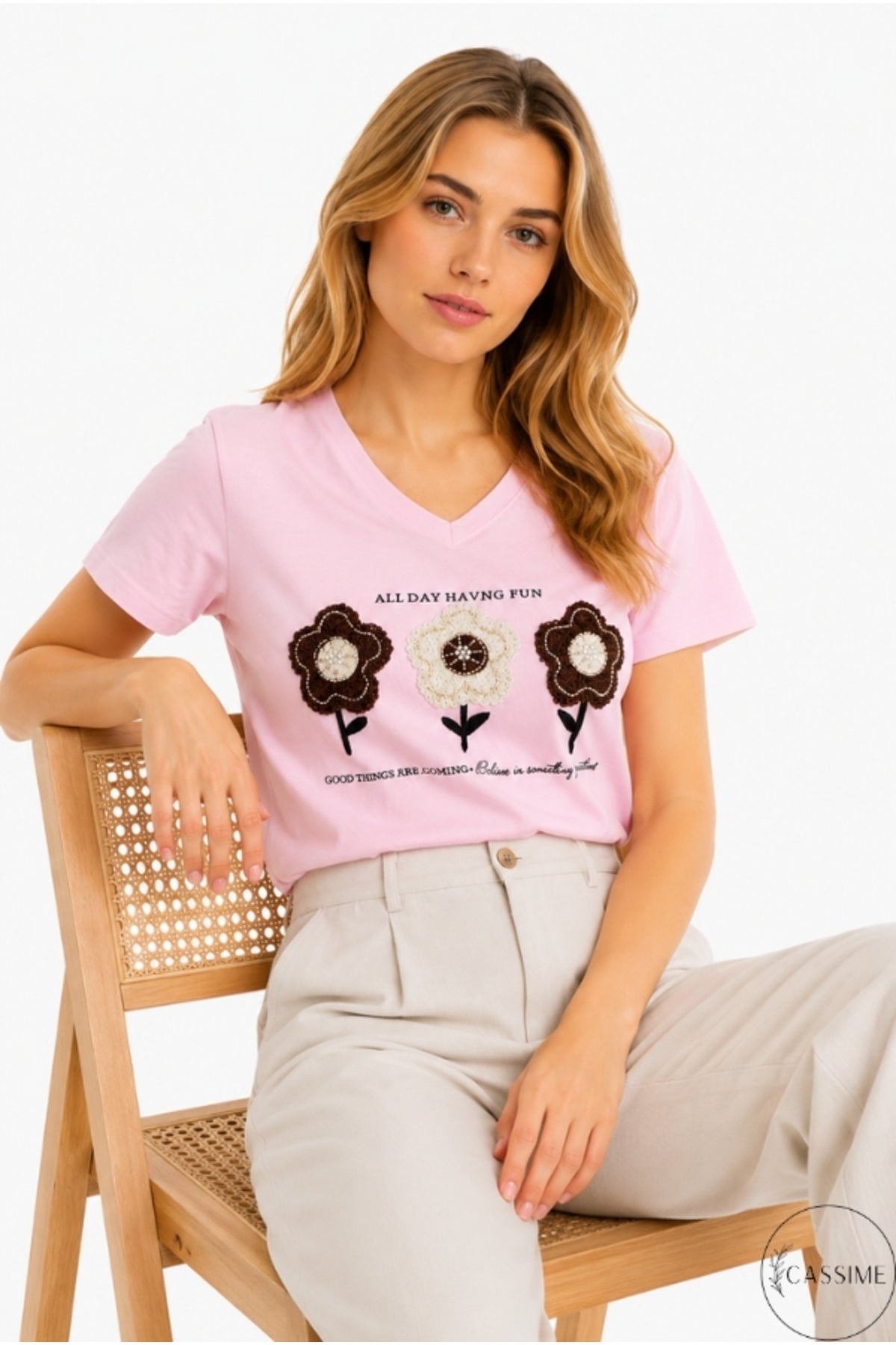 Emma Women's Cotton Embellished T-Shirt - Pink Floral Embroidery