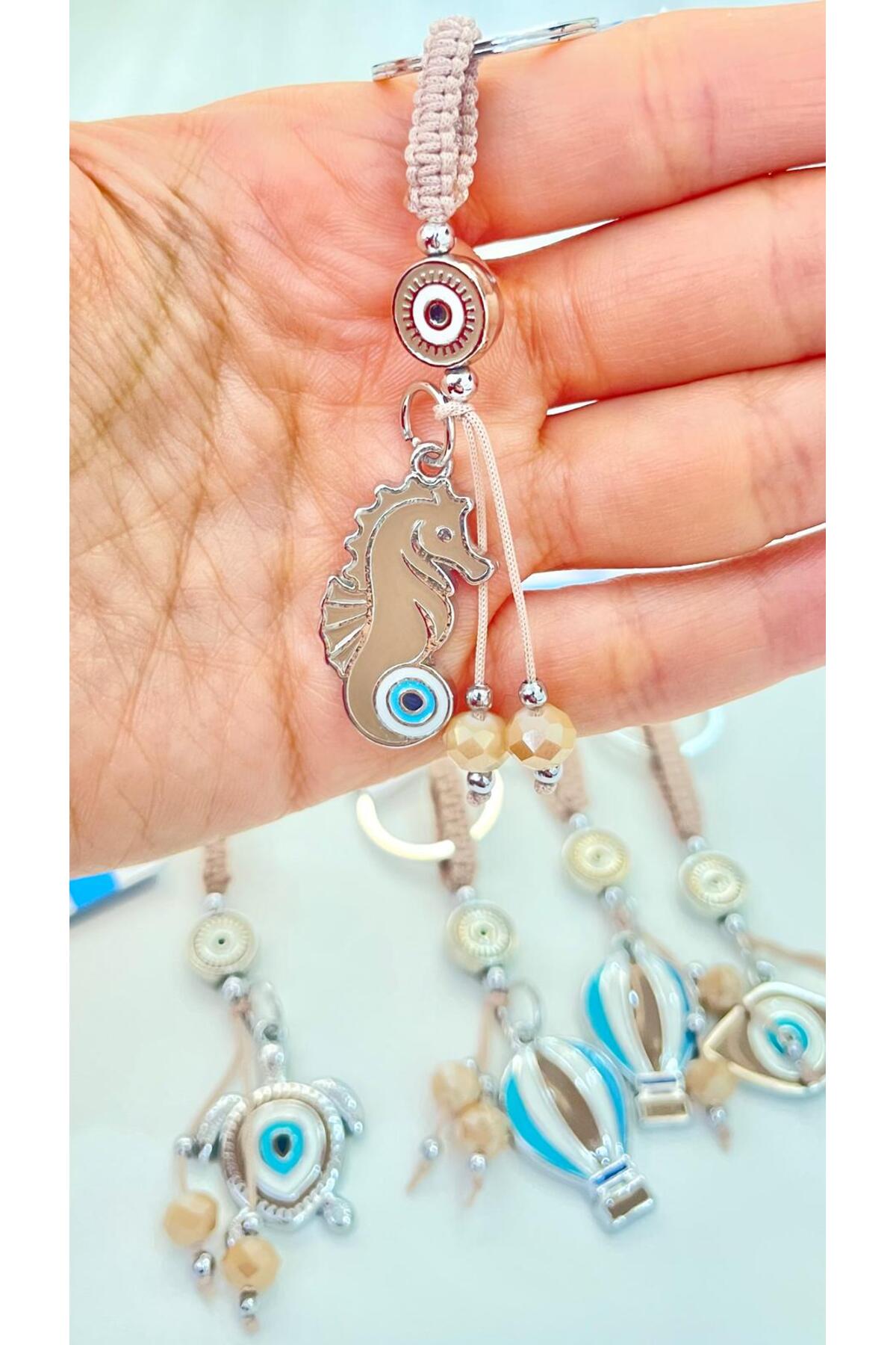 Abigail Silver-Plated Evil Eye Keychain - Beige Seahorse