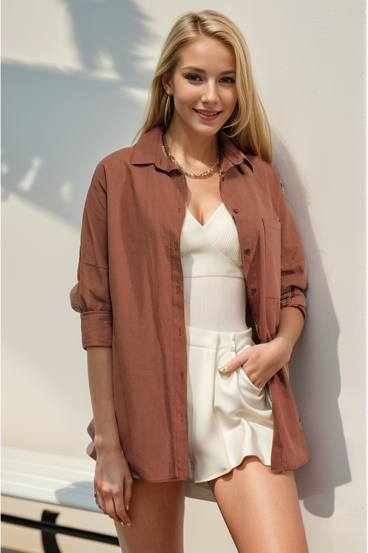 Clementine Women's Linen Blend Pocket Button-Up Shirt - Brown