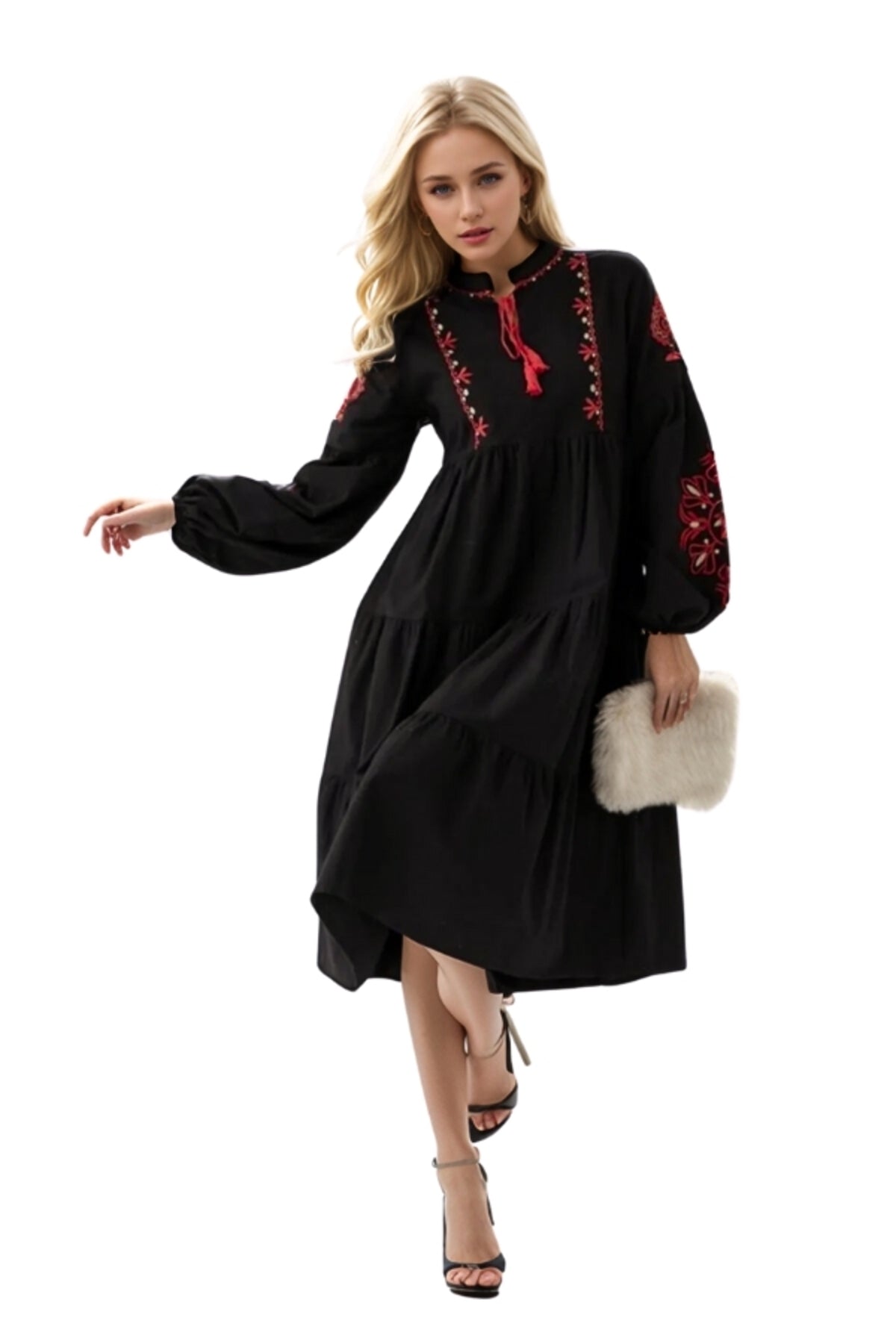 Lola Women's Embroidered Balloon Sleeve Dress - Black