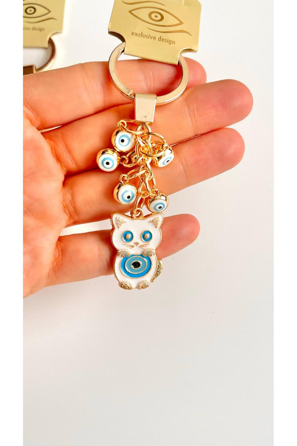 Madeleine Dangling Evil Eye Keychain - White Cat Evil Eye