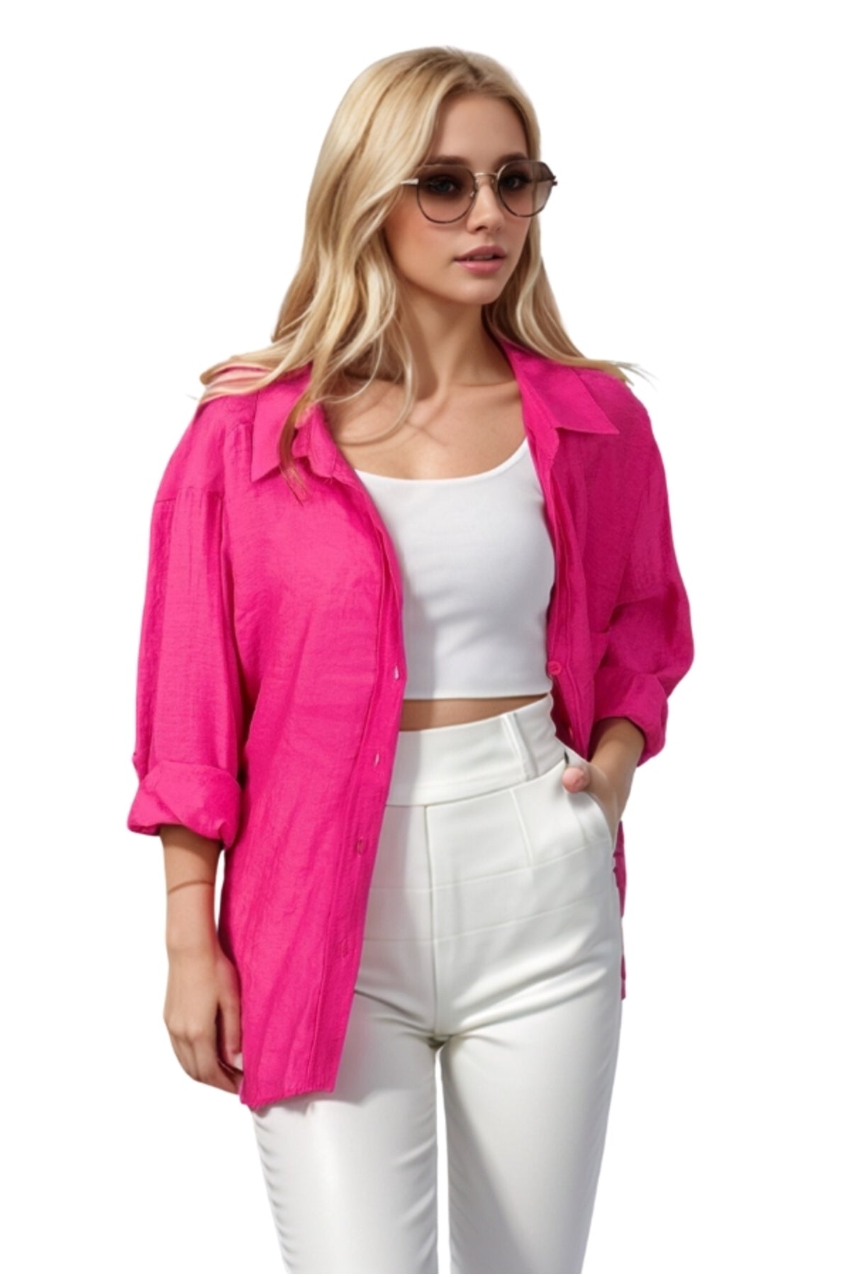 Georgia Women's Oversized Long Sleeve Shirt - Fuchsia and Pink