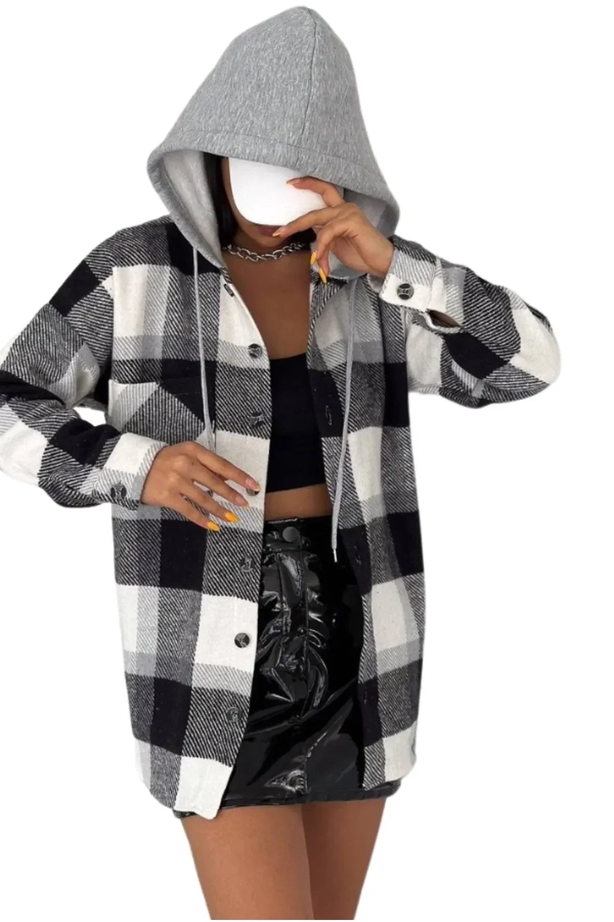 Harper Black White Cotton Plaid Shacket with Hoodie