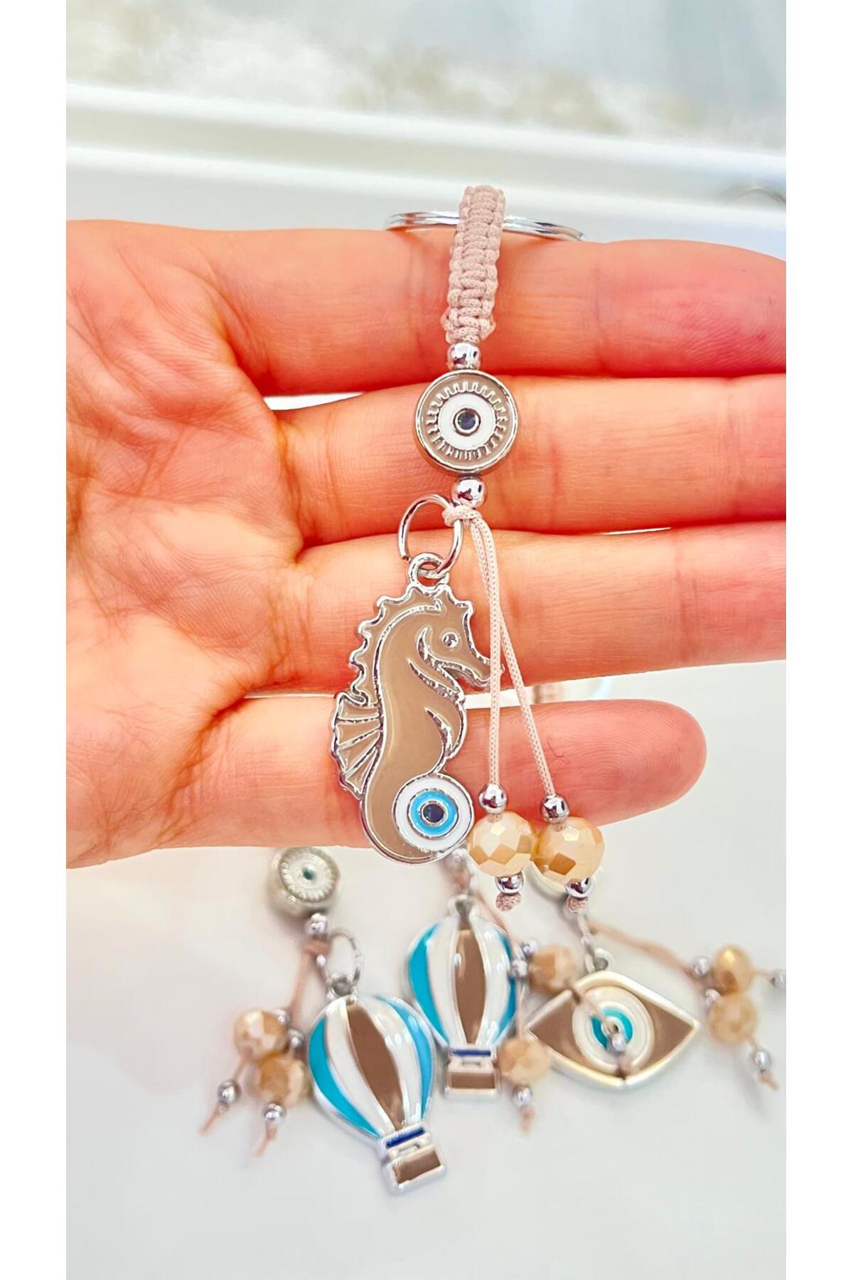 Abigail Silver-Plated Evil Eye Keychain - Beige Seahorse