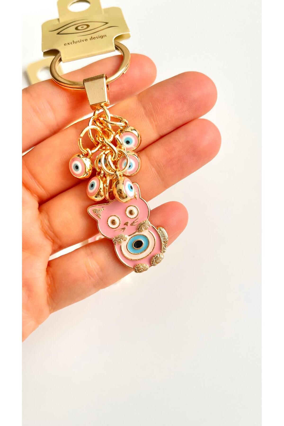 Madeleine Dangling Evil Eye Keychain - Pink Cat Evil Eye