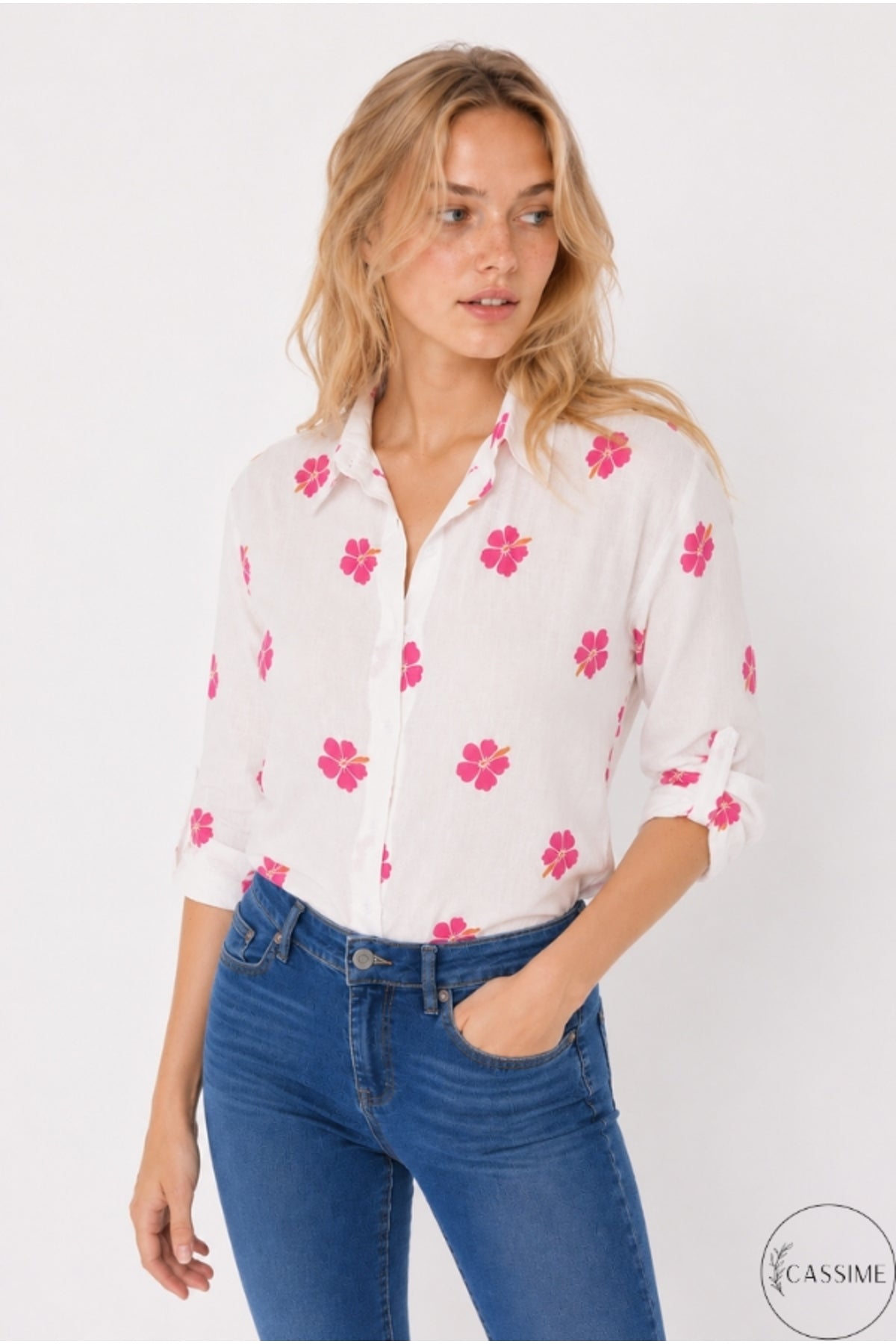 Robyn Women's Linen-Viscose Blend Roll-Sleeve Button-Up Shirt - Pink Clover