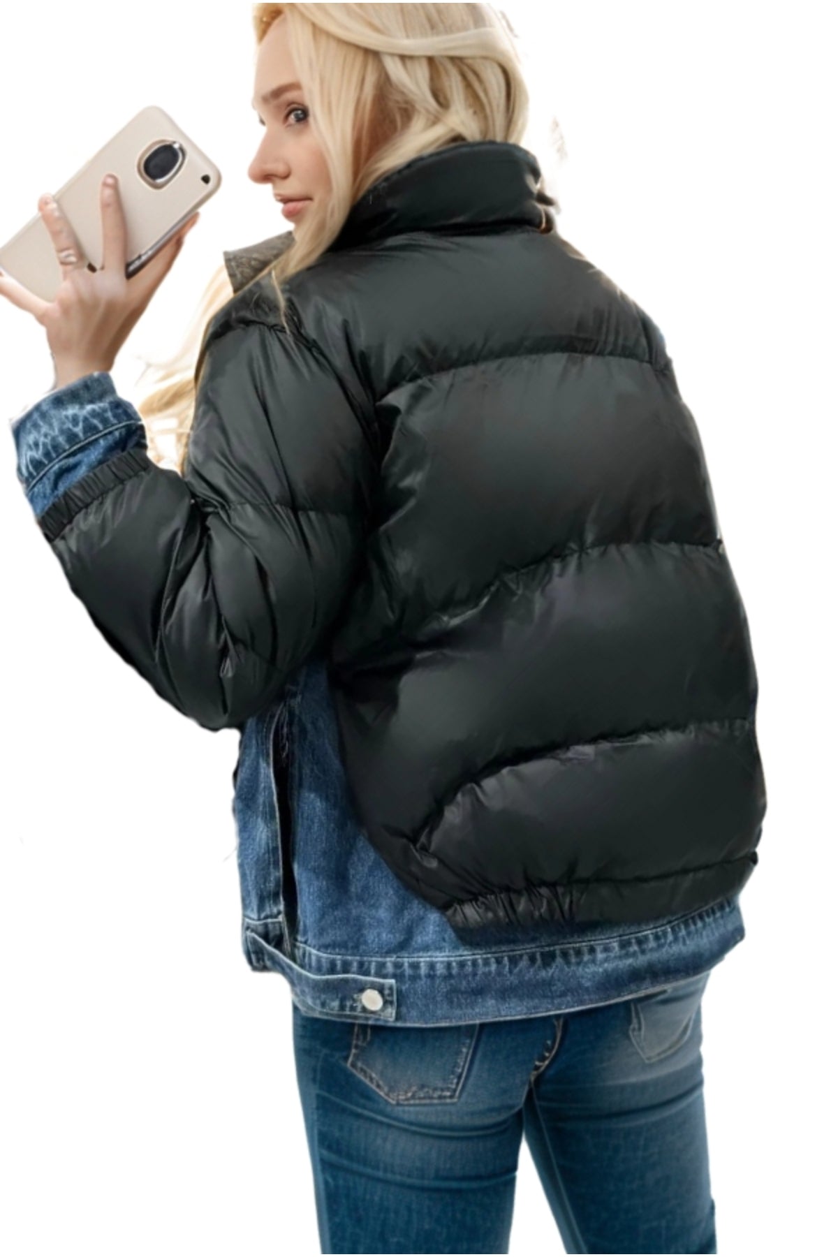 Joanna Women's Denim Detail Puffer Jacket - Black