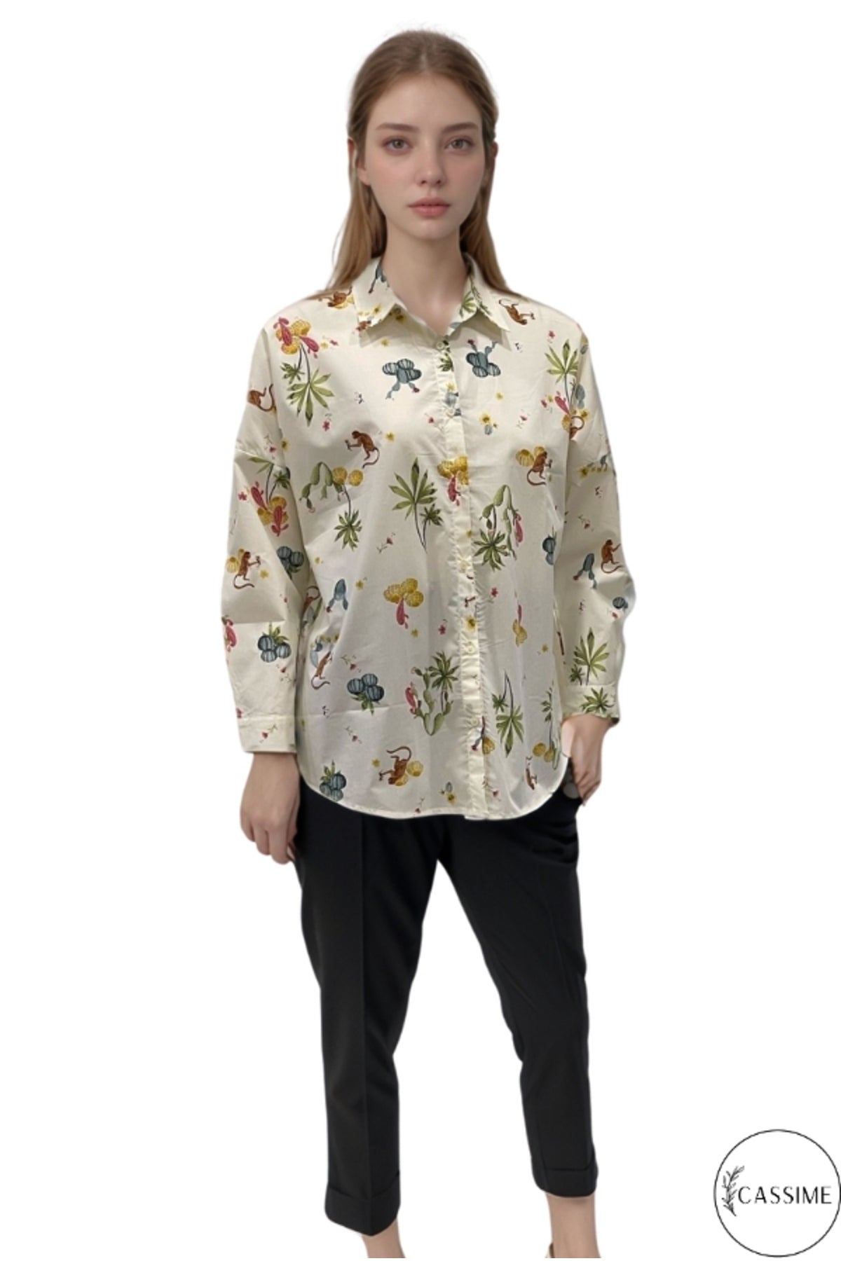 Jane Women's Viscose Monkey and Floral Print Shirt - Cream Monkey Print
