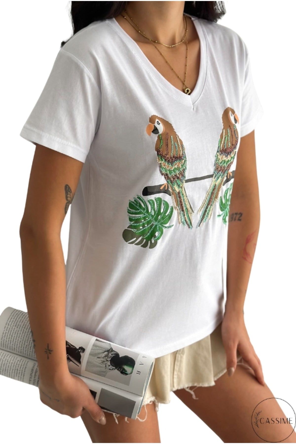Olivia Women's Cotton Plus Size Embellished V-Neck T-Shirt - White with Parrot and Leaf Sequins