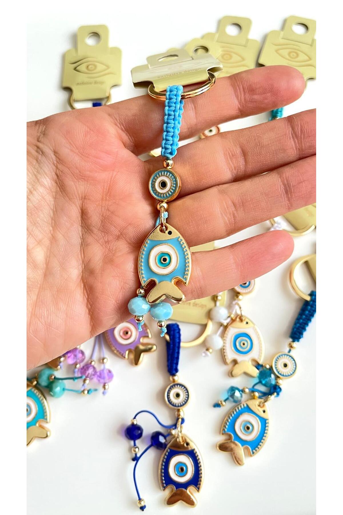 Ivy Gold-Plated Evil Eye Keychain - Light Blue Fish Design