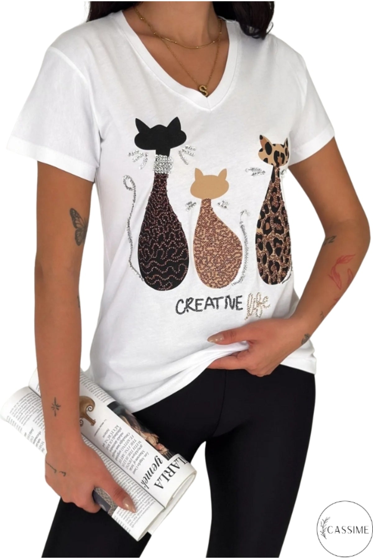 Olivia Women's Cotton Plus Size Embellished V-Neck T-Shirt - Leopard Three Cats with Sequins