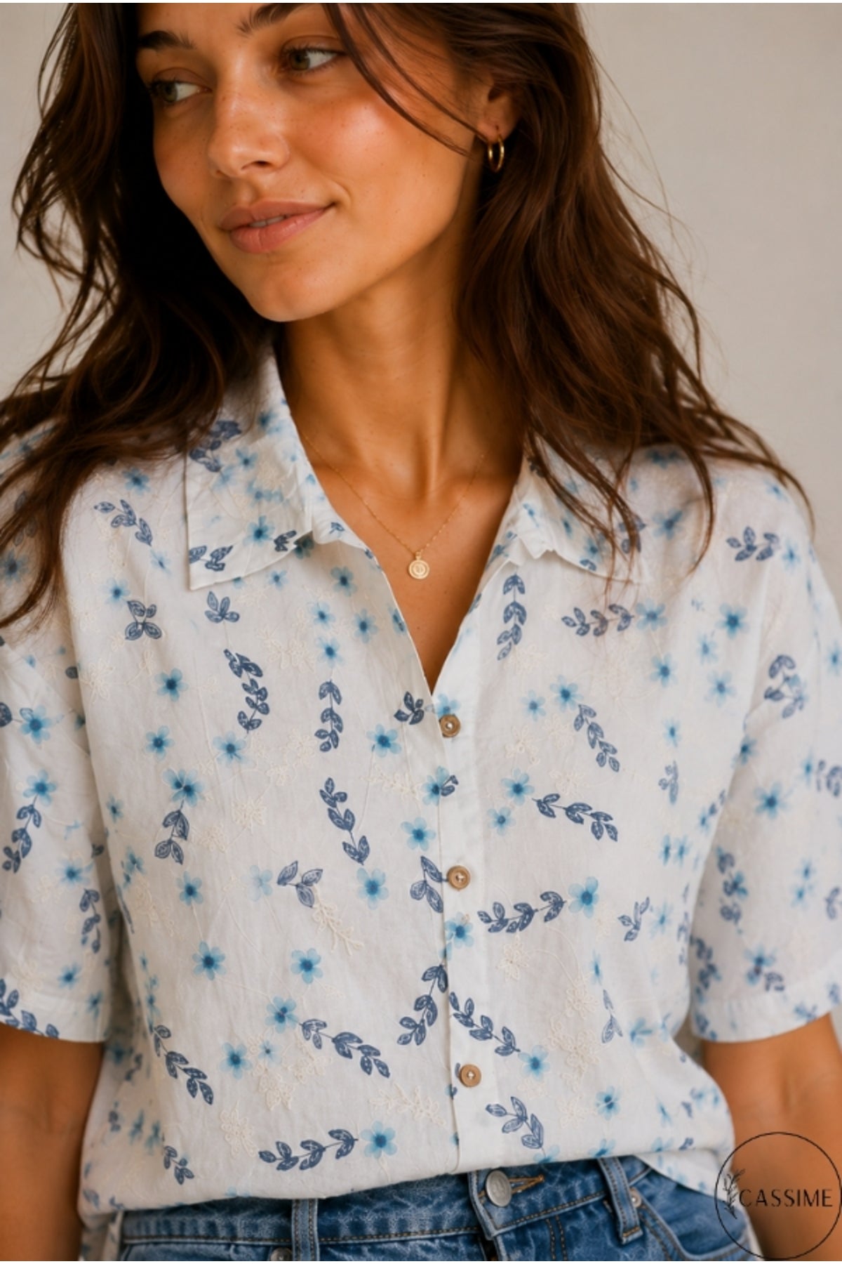 Women's oversized blue floral embroidered button-up shirt - view 3