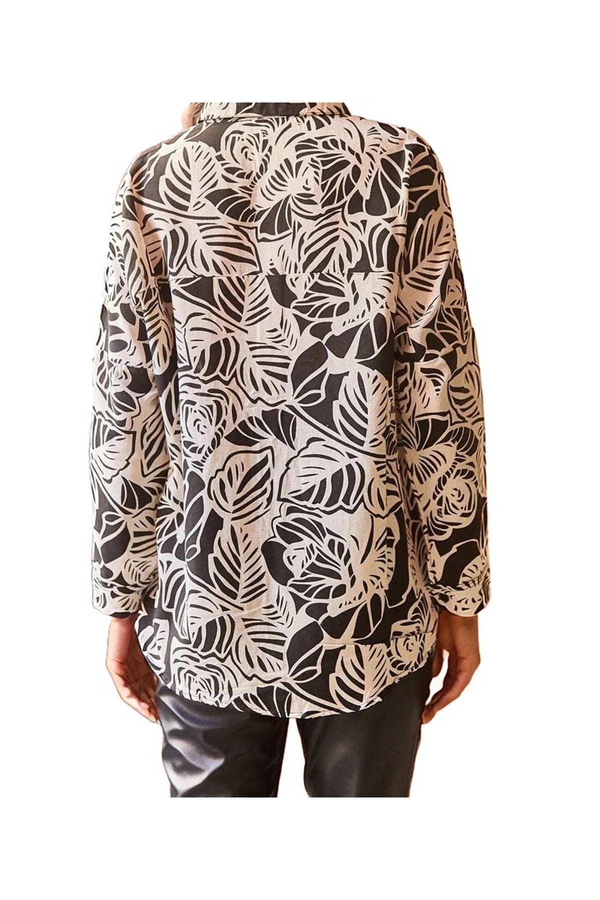 Emilia Women's Linen-Viscose Blend Oversized Printed Shirt - Black and White Leaf Print