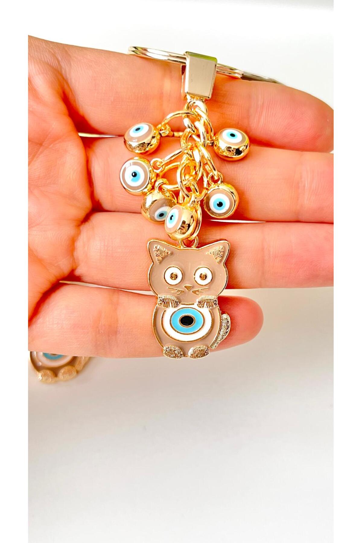 Madeleine Dangling Evil Eye Keychain - Beige Cat Design