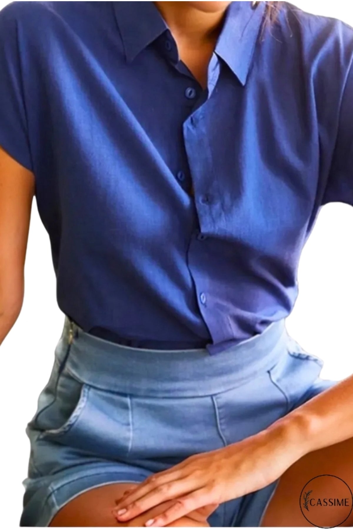 Elizabeth Women's Linen-Viscose Blend Short Sleeve Batwing Shirt - Solid Navy