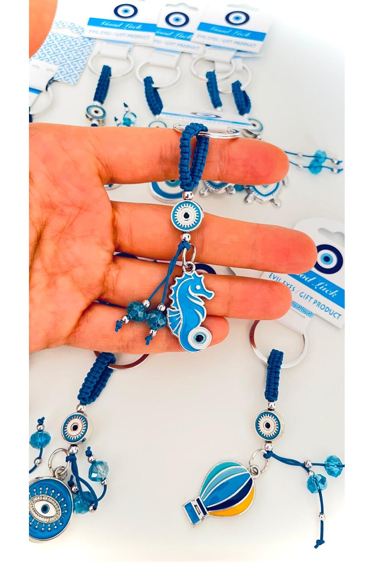 Abigail Silver-Plated Evil Eye Keychain - Blue Seahorse Design