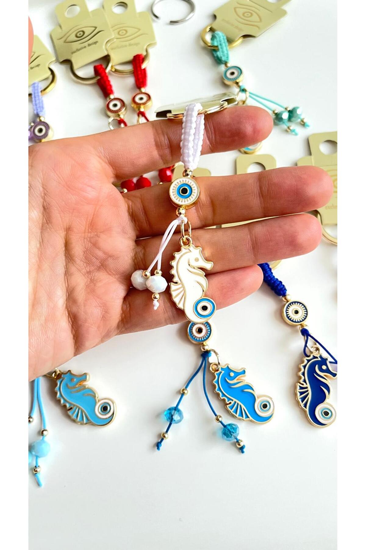 Ivy Gold-Plated Evil Eye Keychain - White Seahorse Design