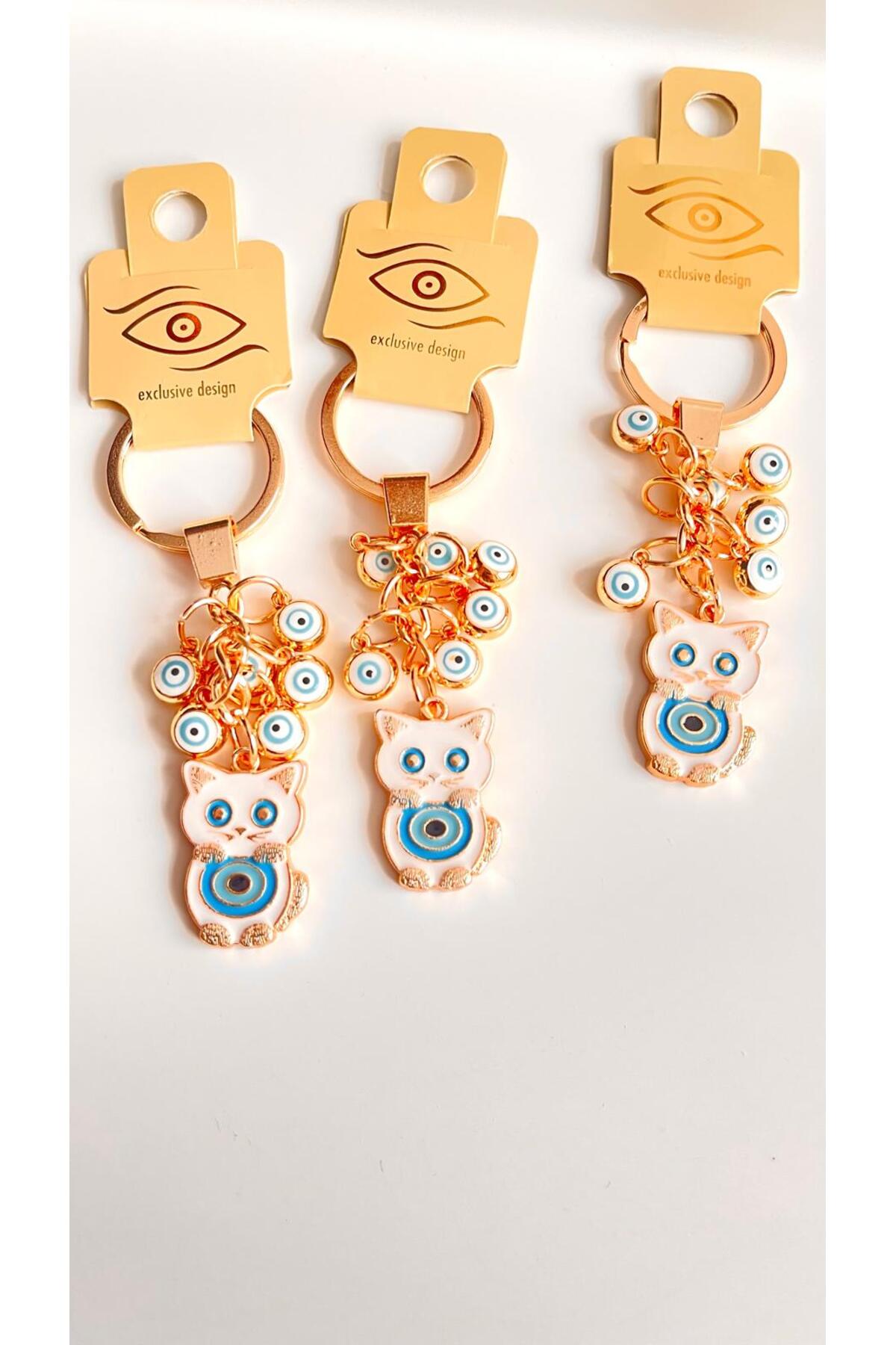 Madeleine Dangling Evil Eye Keychain - White Cat Evil Eye