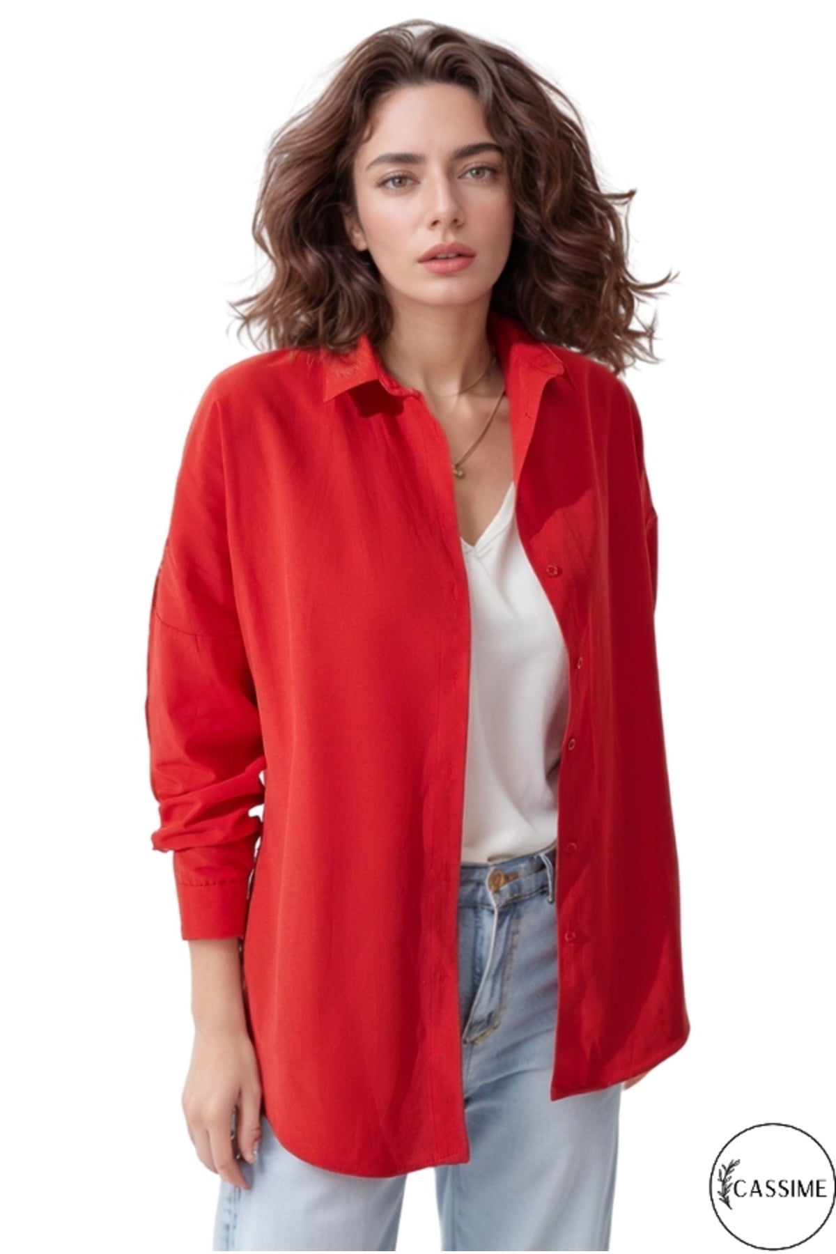 Melissa Women's Cotton Blend Oversized Longline Shirt - Red