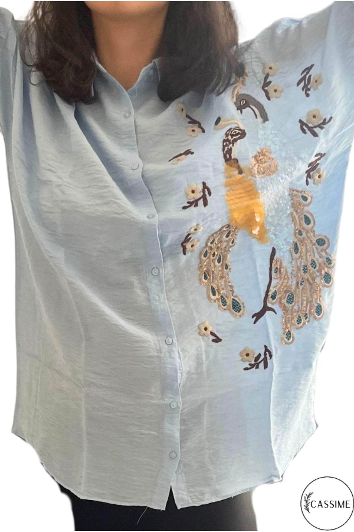 Emily Women's Peacock Sequin Oversized Shirt - Light Blue
