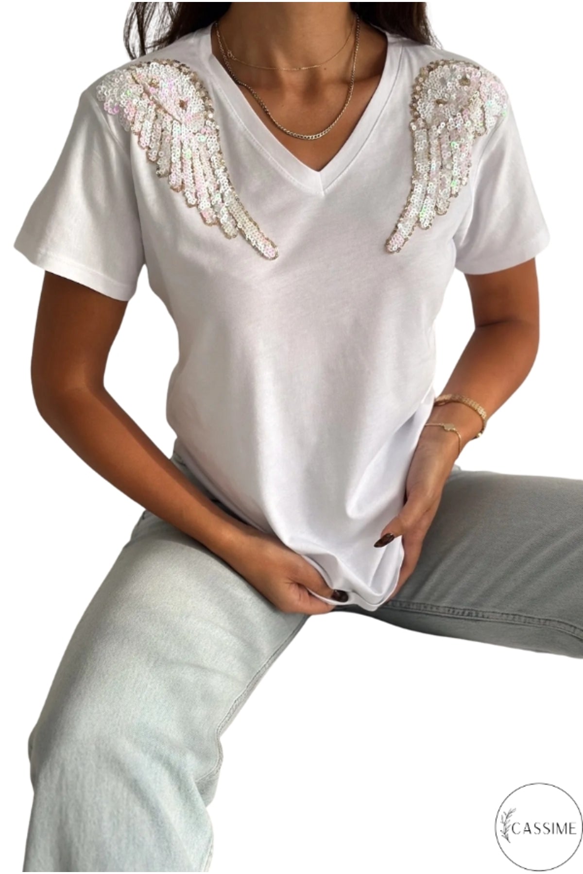 Sophie Women's Cotton Embellished V-Neck T-Shirt - White Angel Wing Design