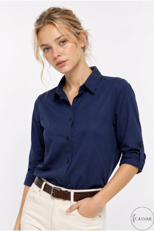 Robyn Women's Linen-Viscose Blend Roll-Sleeve Button-Up Shirt - Navy