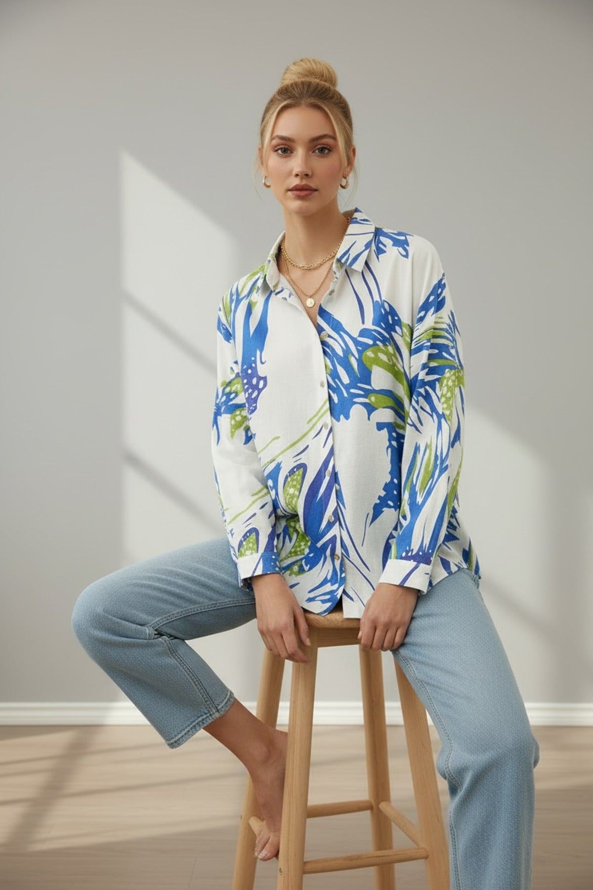 Emilia Women's Linen Blend Oversized Printed Shirt - White and Blue Green