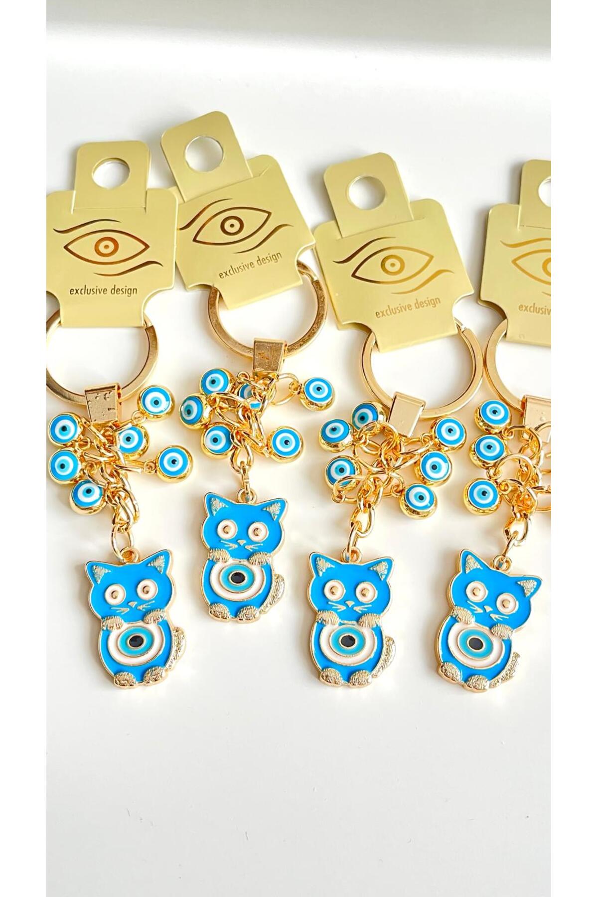 Madeleine Dangling Evil Eye Keychain - Blue Cat Design