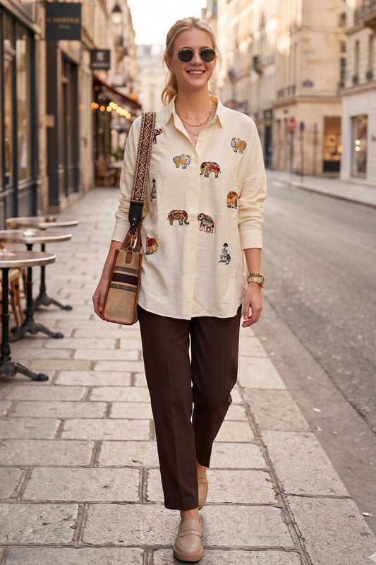 Delilah Women's Cotton Oversized Embellished Long Sleeve Shirt - Cream Elephant