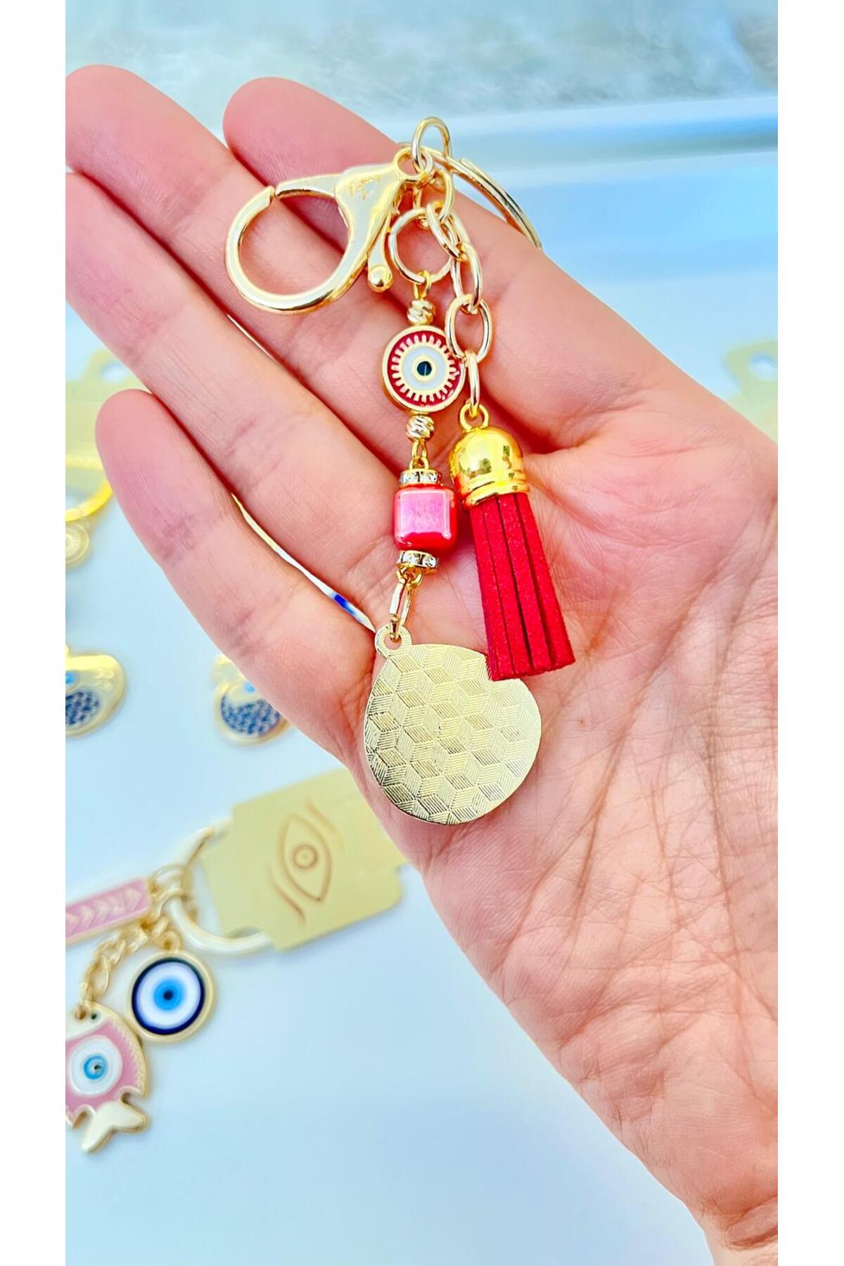 Hannah Gold-Plated Bodrum Bead Keychain - Red Teardrop